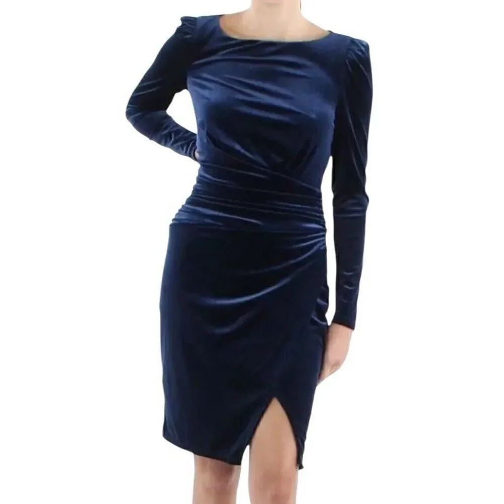 Lauren Ralph Lauren Size 2 Velour Navy Blue Dress Long Sleeve Body Con NWT